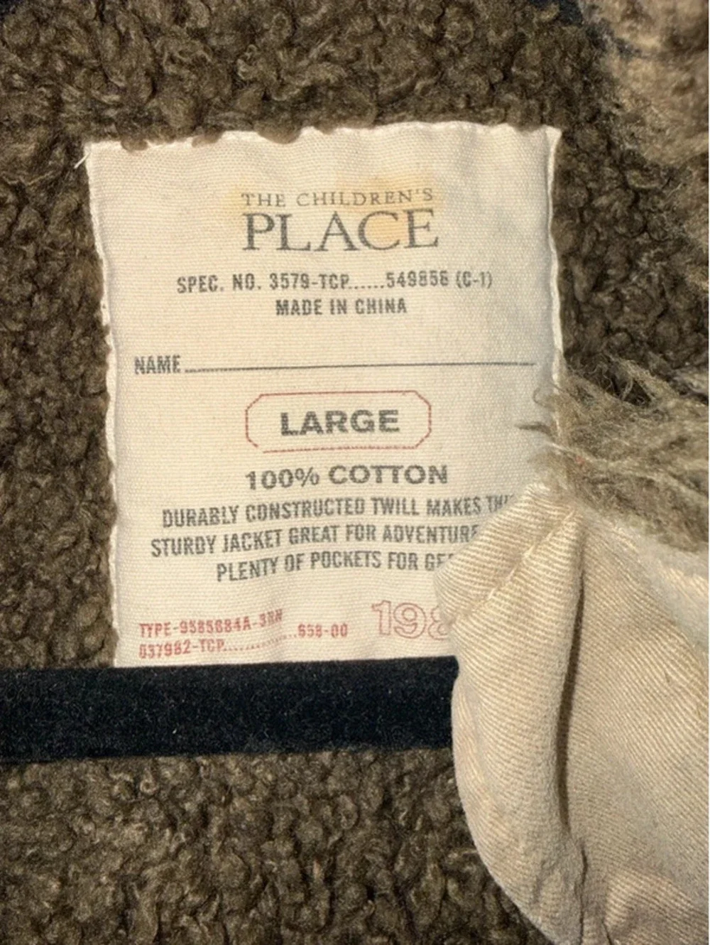 The Children’s Place Boys Utility Field Jacket Large Tan Sherpa Lined